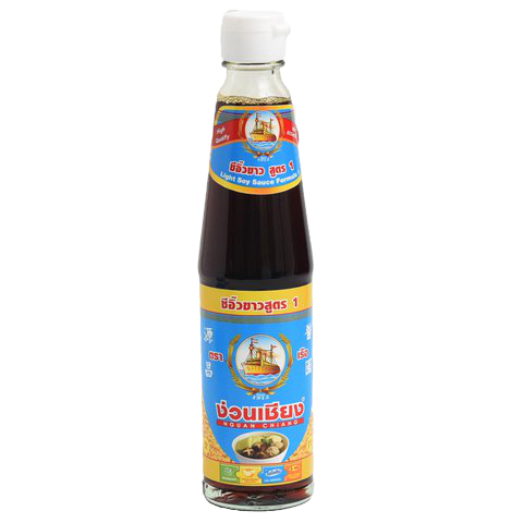 Nguan Chiang White Soy Sauce bottle from the grocery aisle, featuring a clear label and dark soy sauce inside.