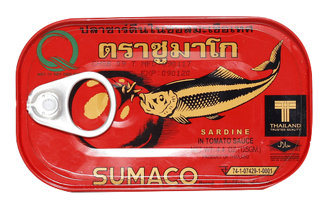 Canned Sumaco sardines in tomato sauce on a white background, ready for cooking or serving in a grocery setting.
