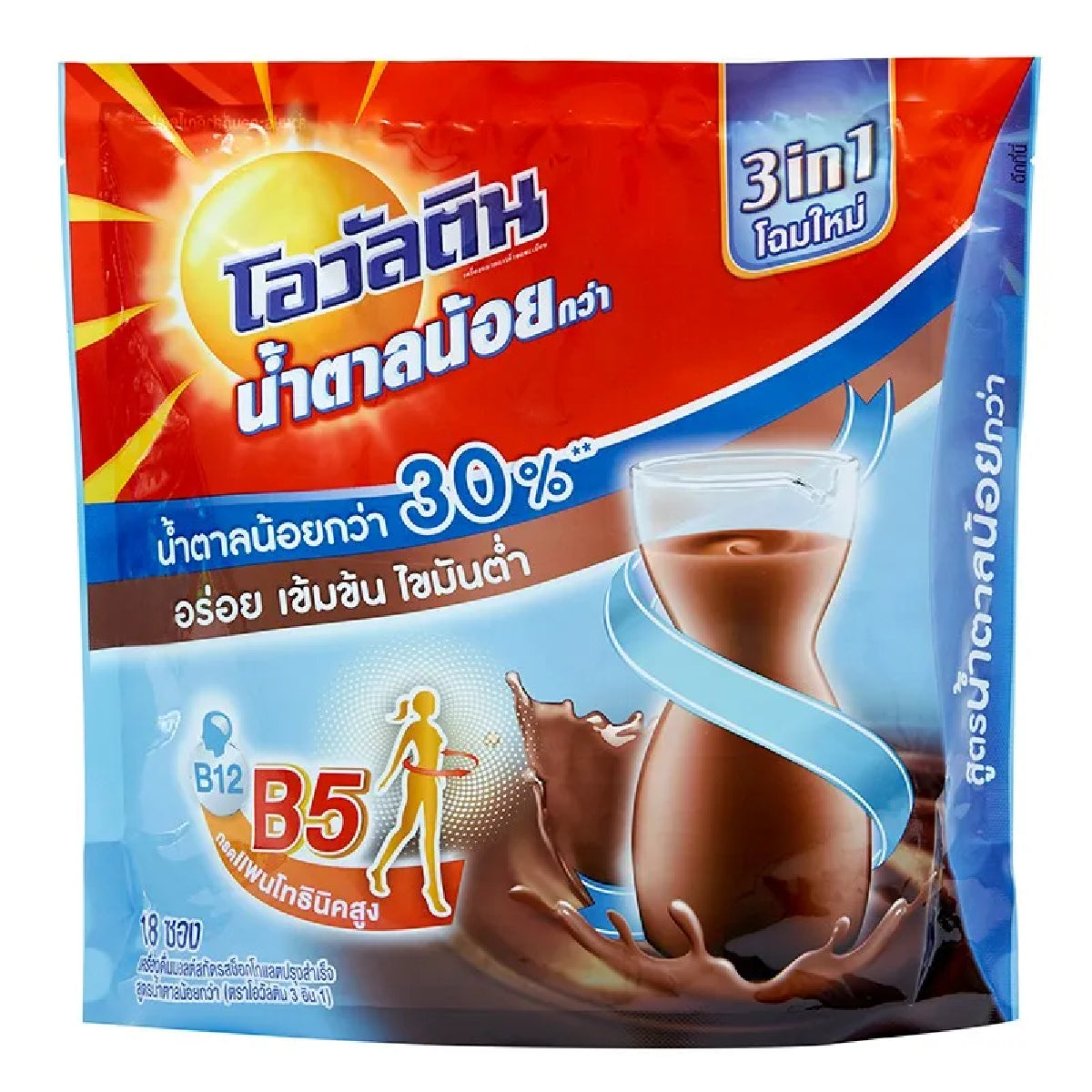 Ovaltine Ready Mixed 3-in-1 drink in a glass showing the chocolate malt beverage with a spoon on the side.