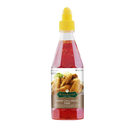 Bottle of Kanokwan Sweet Chilli sauce from the grocery aisle, featuring a red and yellow label and a clear glass container.