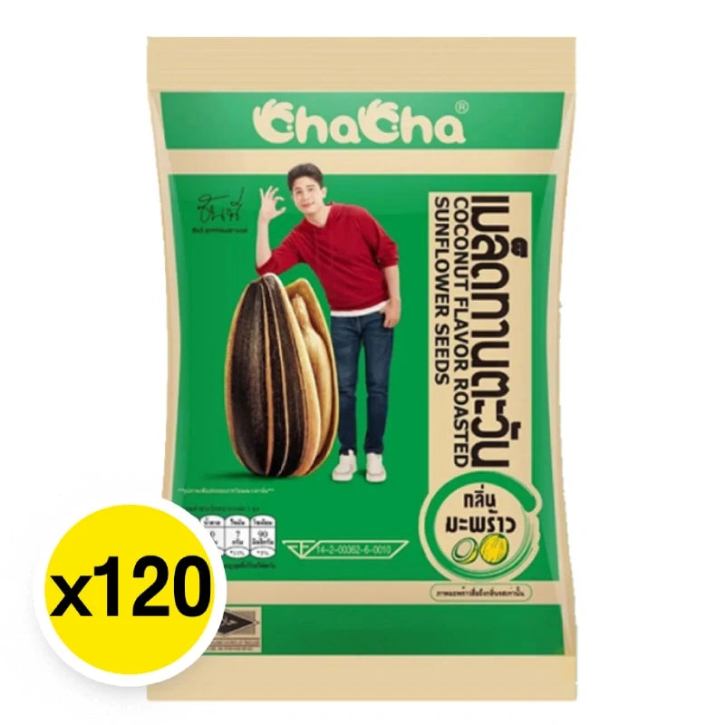 Chacha Sunflower Seeds Coconut Flavor 15g snack pack, dry grocery, healthy confectionery, close-up of colorful seed packaging.