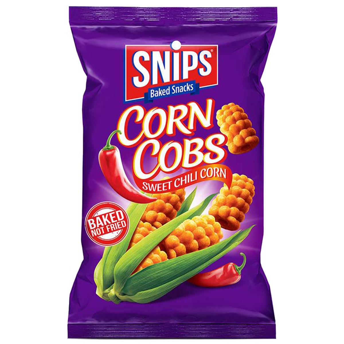 Snips Sweet Chili Corn Cobs, confectionery snack with vibrant chili seasoning on crispy corn cobs.