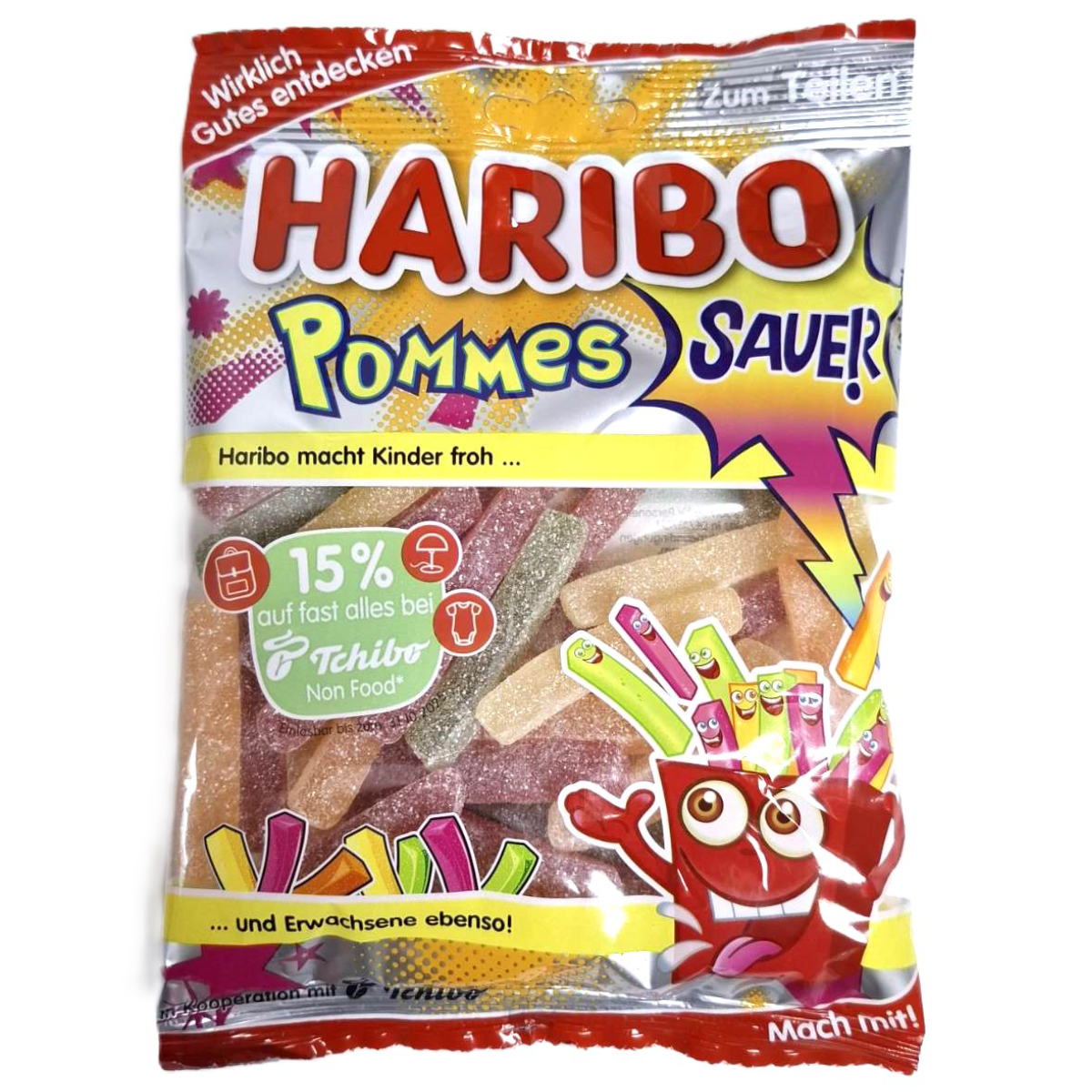 Haribo Saure Pommes confectionery snacks featuring sour apple-flavored gummy fries in colorful packaging.
