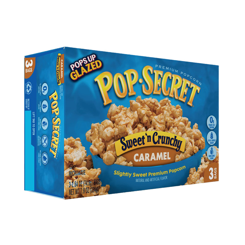 Pop Secret Sweet 'N Crunchy Caramel Popcorn, confectionery snack with caramel-coated popcorn pieces, close-up view