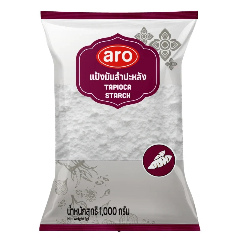 Aro Tapioca Starch 1kg bag, dry grocery product, showing the white powder inside the packaging.