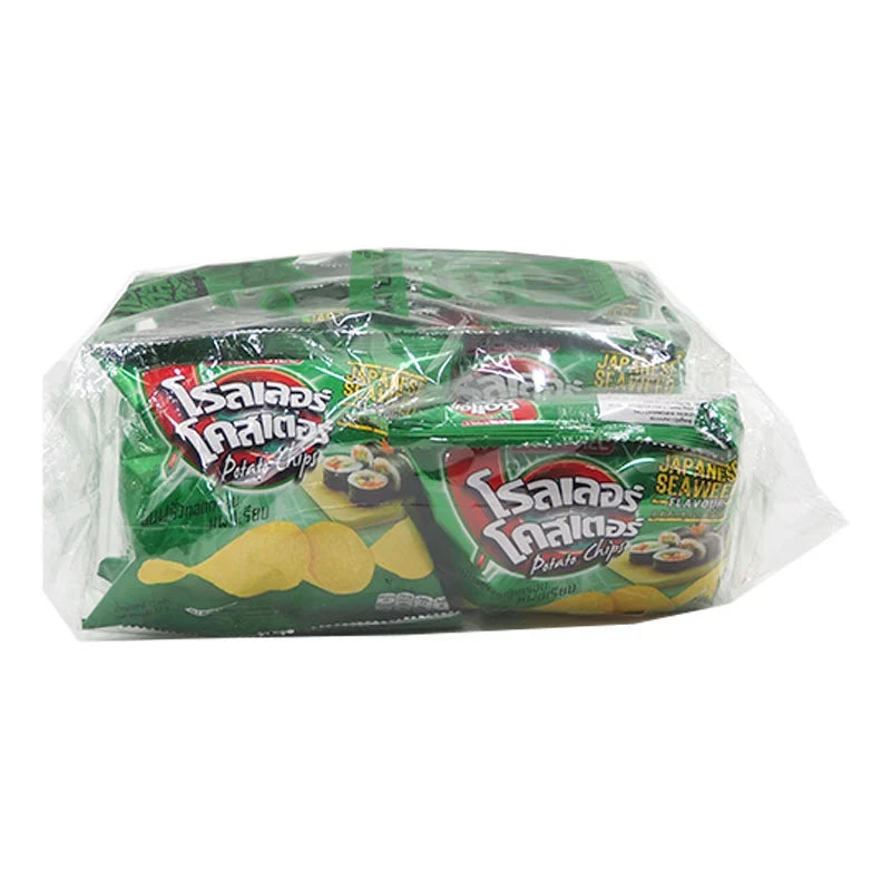 Roller Coaster Japanese Seaweed Potato Chips, 12g snack pack, crispy extruded chips with seaweed flavor, 12-pack for dry grocery.