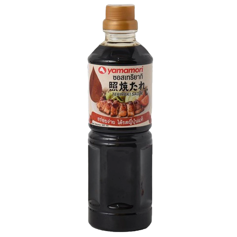 Bottle of Yamamori Teriyaki Sauce from the grocery section, featuring a dark soy-based sauce with a label showcasing Japanese ingredients.