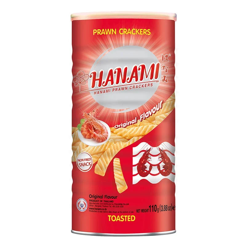 Hanami Prawn Crackers 110g in a clear bowl, crispy snack from the dry grocery and confectionery category, with colorful crackers visible.
