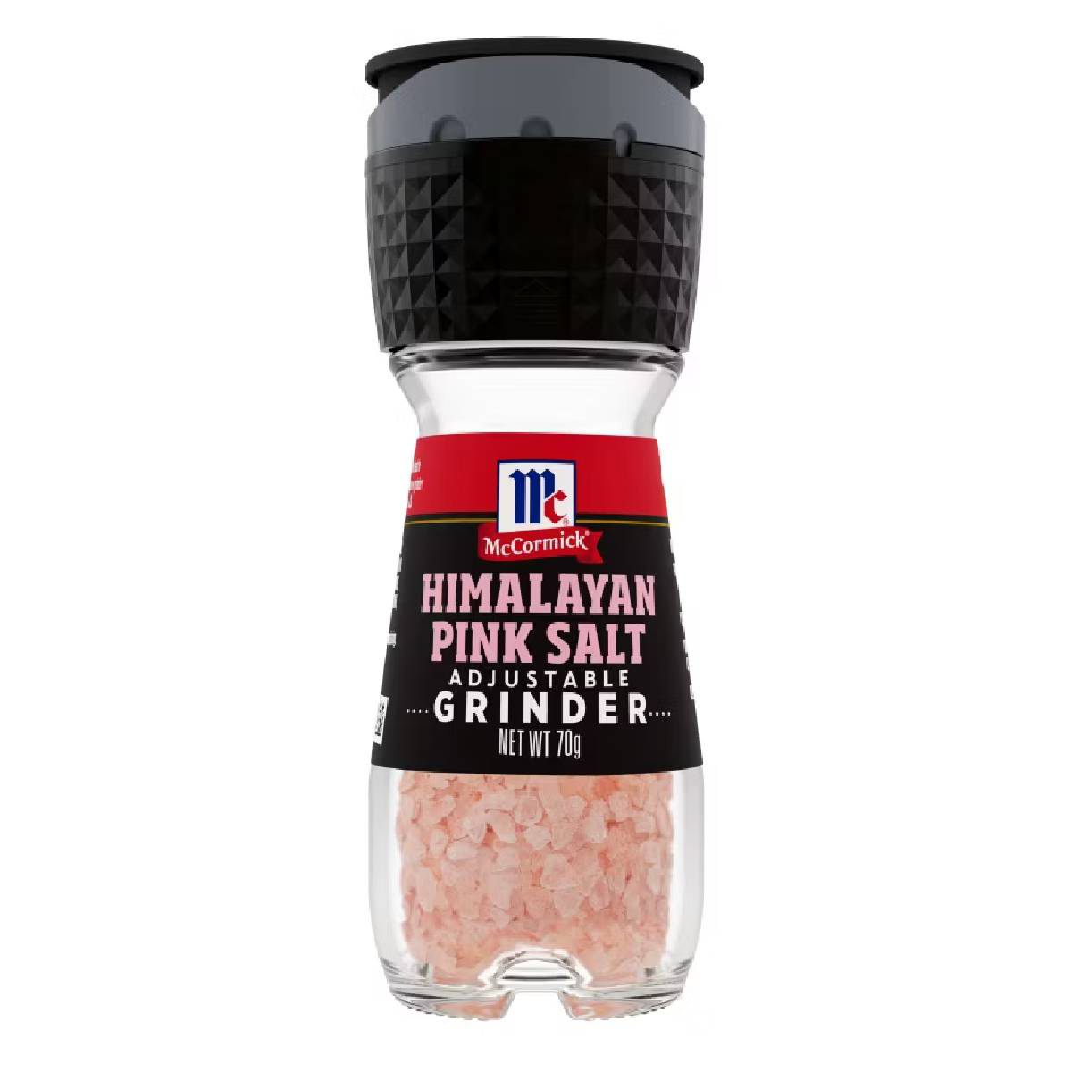 McCormick Himalayan Pink Grinder showing the pink salt grinder with clear label and black top, placed on a kitchen countertop.