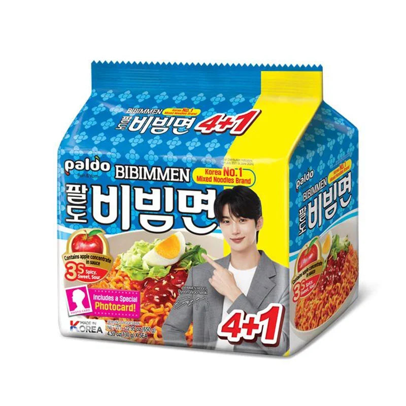 Paldo Bibimmen instant ramen noodles in a 130g pack, displayed in a box of five, showing the dry product packaging.