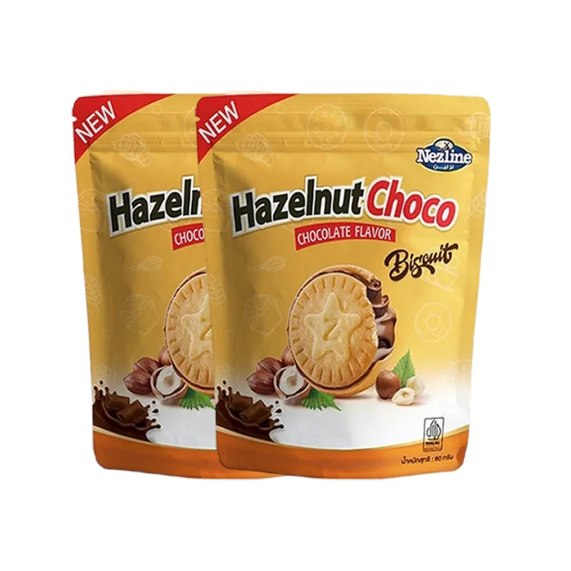 Nezline HazelnutChoco Biscuit, a snack confectionery with chocolate and hazelnut filling, shown in a close-up image.
