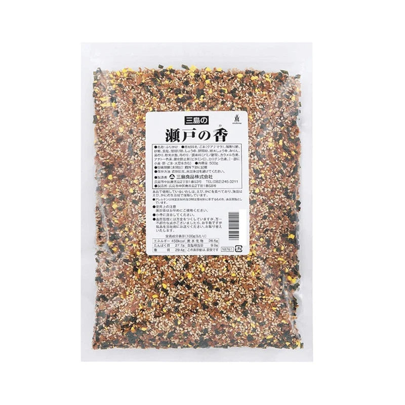 MISHIMA Mishima Seto No Ka Furikake rice seasoning with bonito flakes, dry grocery product, green and brown seasoning blend in a jar