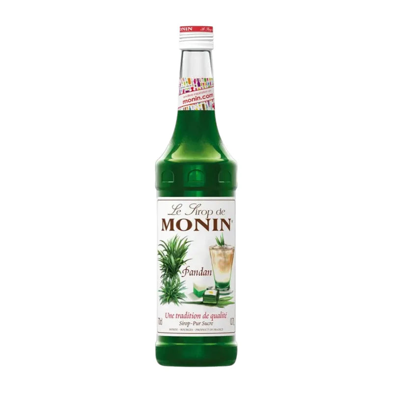 Bottle of MONIN Pandan Syrup 700ml for beverages, with a clear label and green pandan flavor branding.