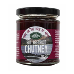 Arran Hot Beetroot Chutney Spread in jar, showing vibrant red color and label, ideal for adding flavor to meals.