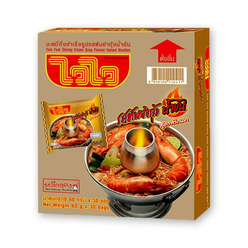 Waiwai Tom Yum Shrimp Cream Instant Noodles in 60g pack, dry grocery, featuring spicy Thai flavor with shrimp and creamy broth.