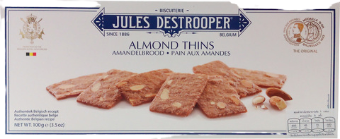 Jules Des Troopers Almond Thins, crunchy confectionery snack with almond slices on a white plate.