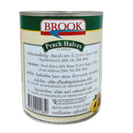 Canned Brook Peaches in Syrup 825g in a metal can with a label showing peaches in syrup and the BROOK brand logo.