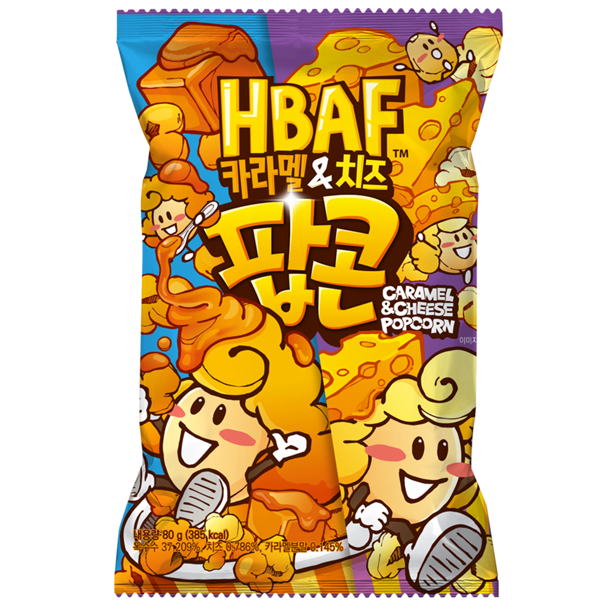 Hbaf caramel cheese popcorn snack in a bowl, showcasing the sweet and savory confectionery treat with caramel and cheese coating