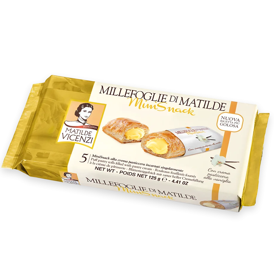 Vicenzi Vanilla confectionery snacks in a clear package, showing vanilla-flavored treats with a crisp, golden appearance.