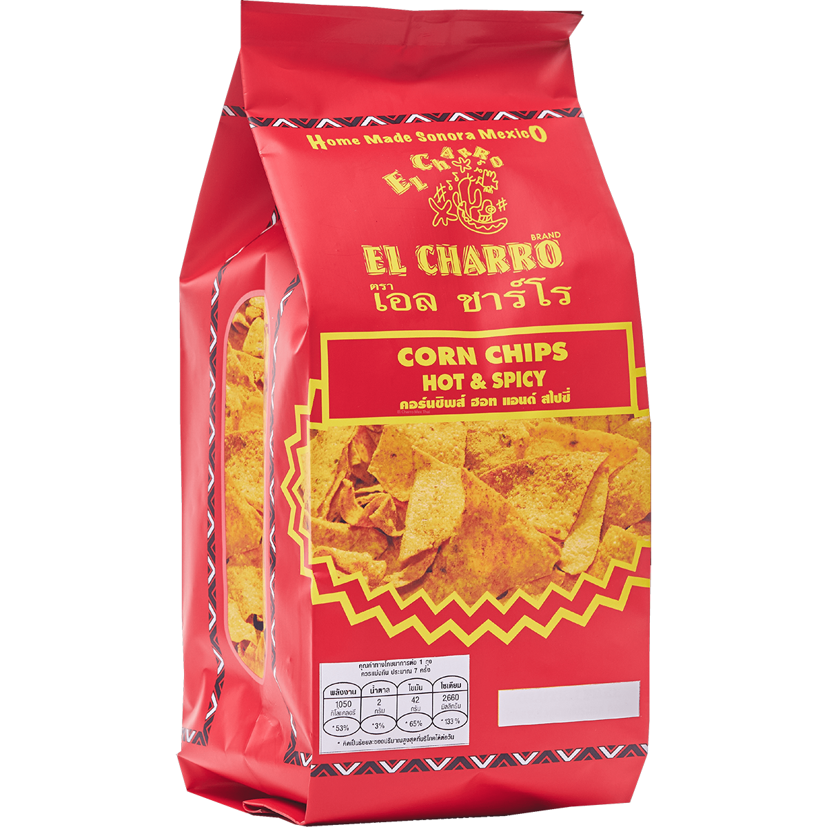 El Charro Mexican Corn Chips Hot & Spicy confectionery snack in a colorful bag with spicy chili flavor visible.