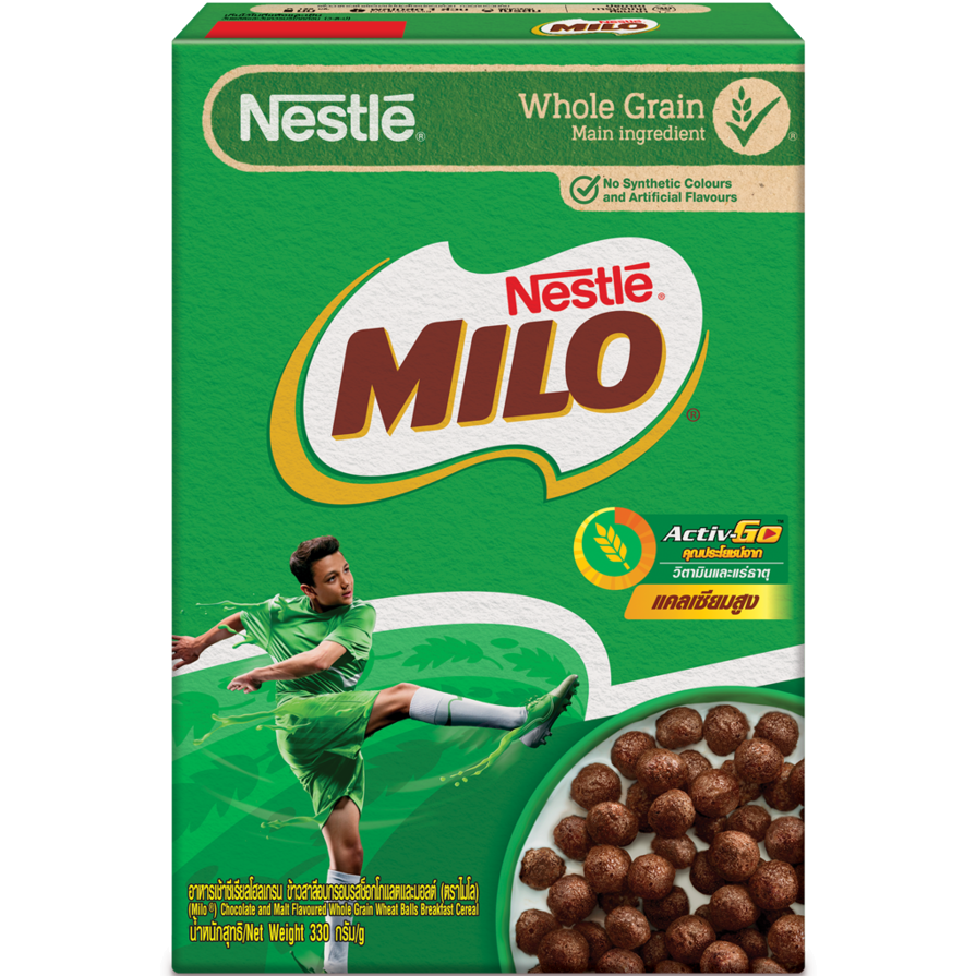 Bowls of Nestle Milo cereal with milk, showing the chocolate-flavored breakfast cereal in a grocery product image.