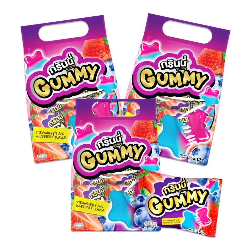 GRINNY Pectin Gummy Star snacks with strawberry and blueberry flavors, 15g x3, in colorful star-shaped candies.
