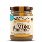 Mayver's Almond and Chia Spread jar with spoon, showing creamy texture and almond-chia blend in a grocery product image