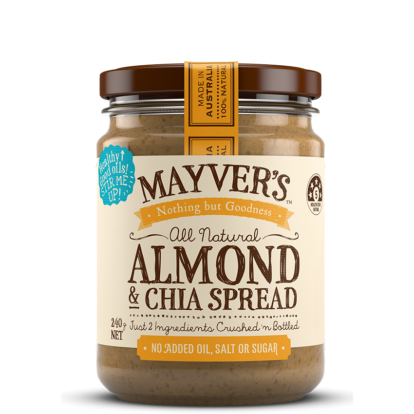 Mayver's Almond and Chia Spread jar with spoon, showing creamy texture and almond-chia blend in a grocery product image