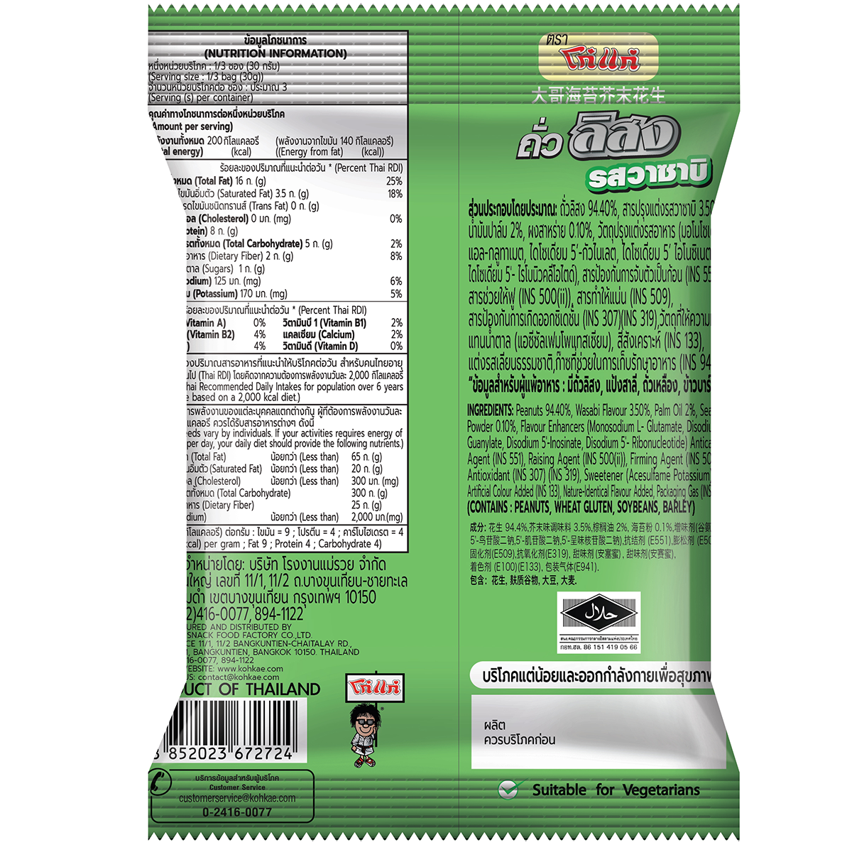 Koh-Kae Peanuts with Wasabi flavor, crunchy confectionery snack in a colorful package, showcasing spicy wasabi-coated peanuts.