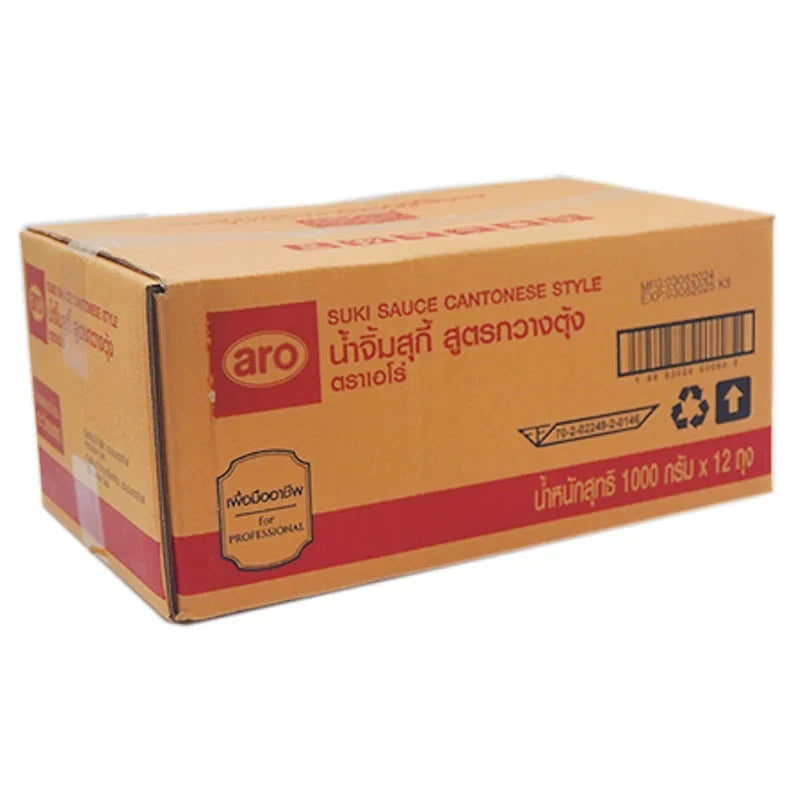 Aro Sukiyaki Sauce 1kg bottle, part of a 12-pack, in a clear plastic bottle with a label, suitable for Japanese hot pot dishes.