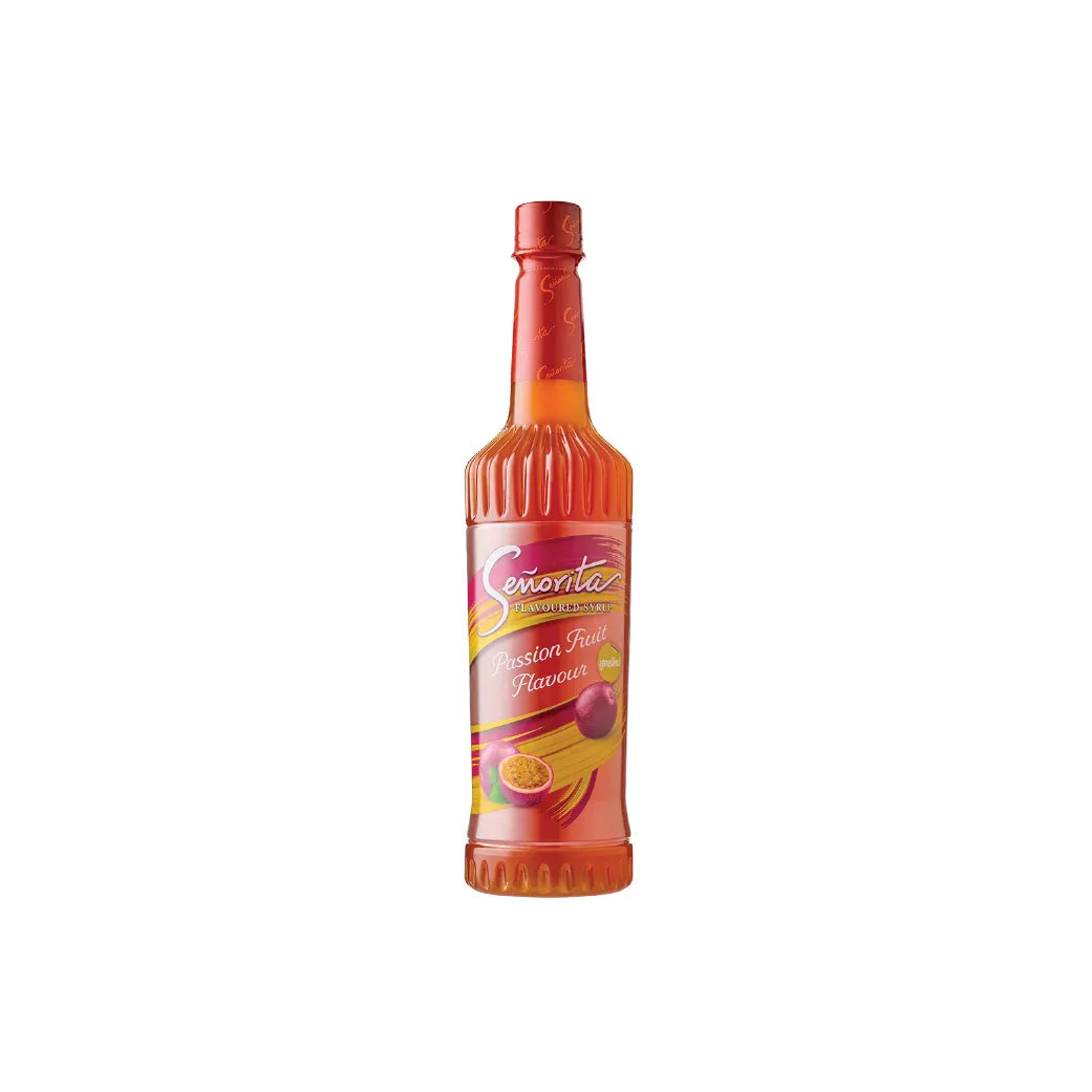 Senorita Passion Fruit Syrup 750ml bottle, rich tropical flavor, ideal for beverages and desserts in dry grocery collection