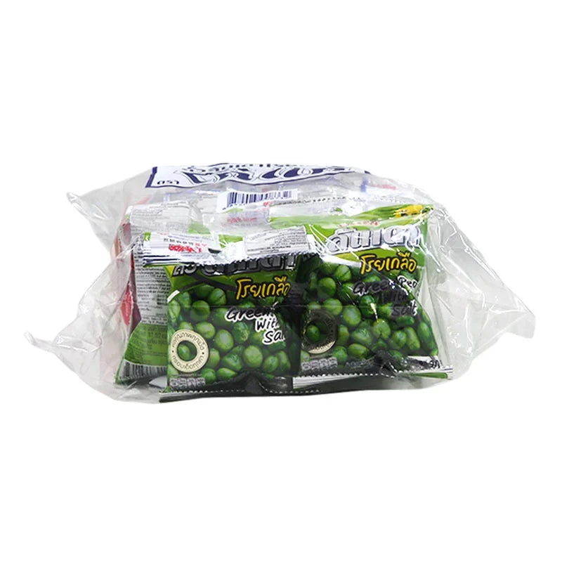 Kohkae green peas with salt in 20g snack packs, dry grocery product, showing vibrant green peas in clear packaging.