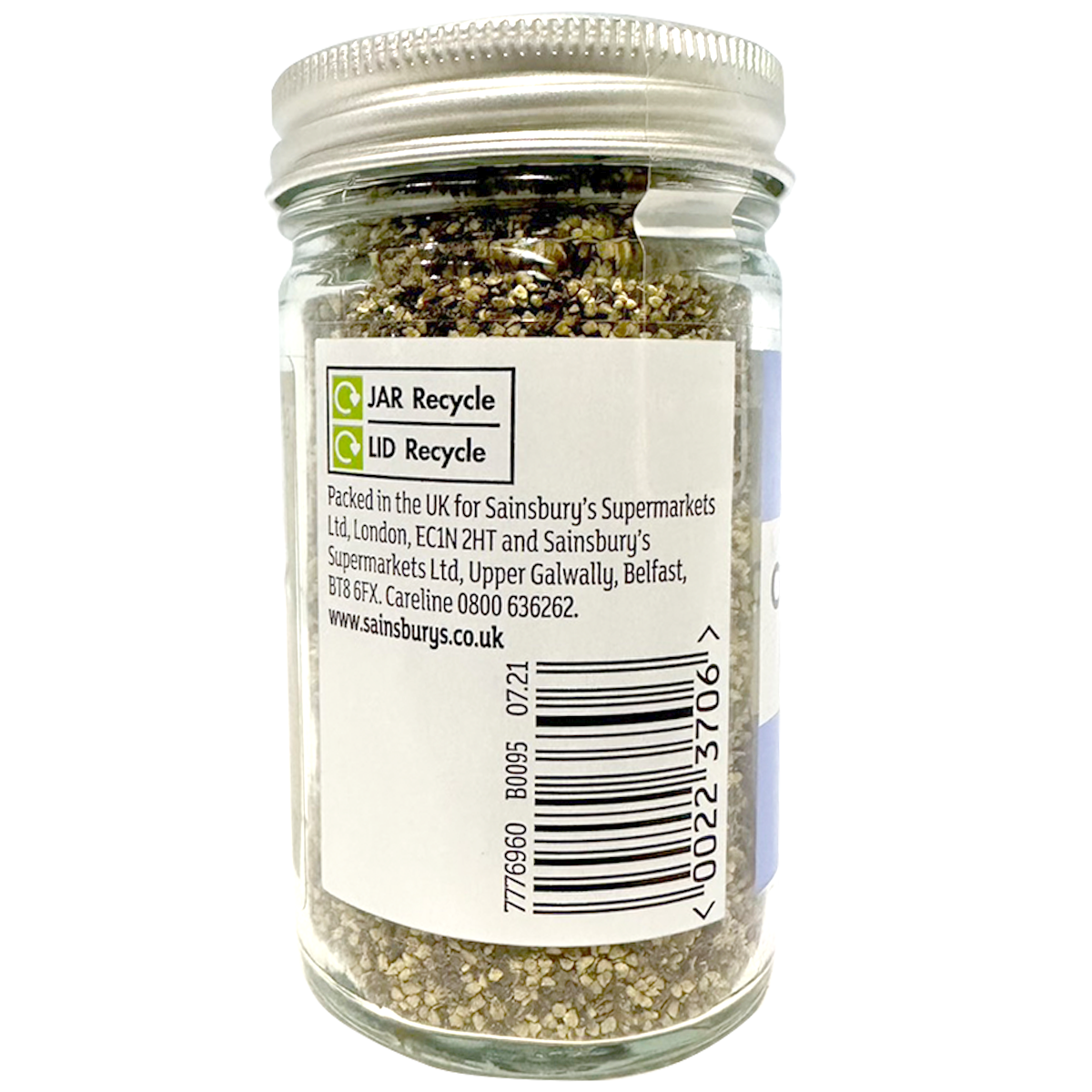 Sainsbury's coarse ground black pepper in a clear spice jar with black pepper grains visible inside.