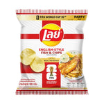 LAYS Classic English Fish N Chips snacks, 100g pack, crispy fish and chips flavored confectionery, 14-pack image.