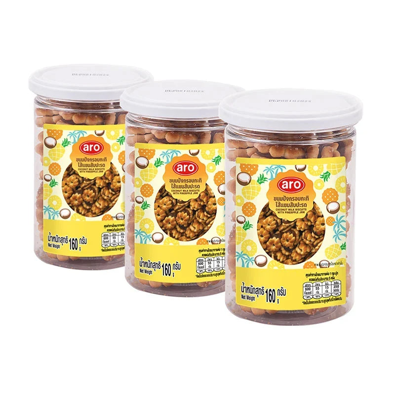 Aro Biscuit Coconut Pineapple Jam 160g pack, featuring three boxes of snack confectionery with coconut and pineapple flavor on the packaging.