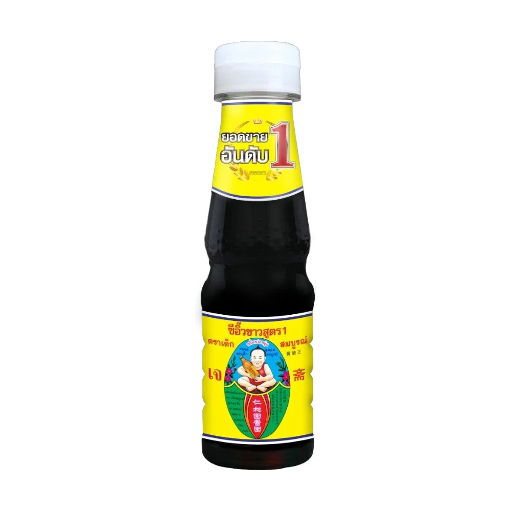 Deksomboon Thin Soy Sauce 150ml bottle, dry grocery product with clear label and dark soy sauce inside
