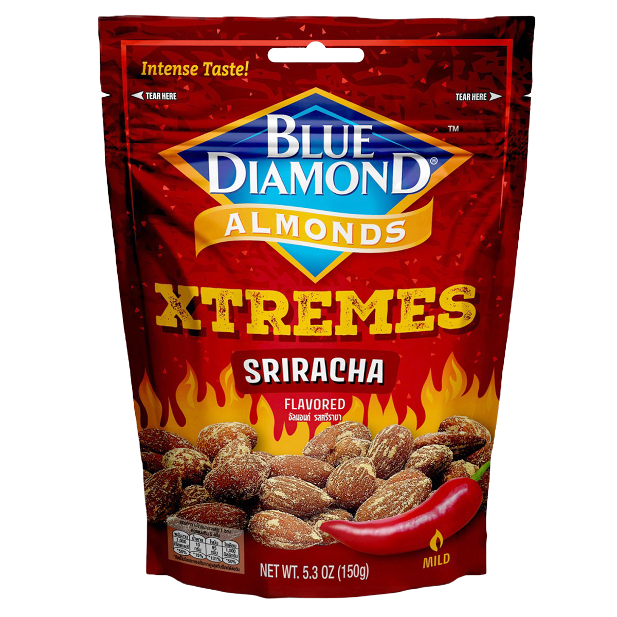 Blue Diamond Almonds Sriracha flavor, spicy and flavorful confectionery snack with blue packaging and almonds in a close-up view.