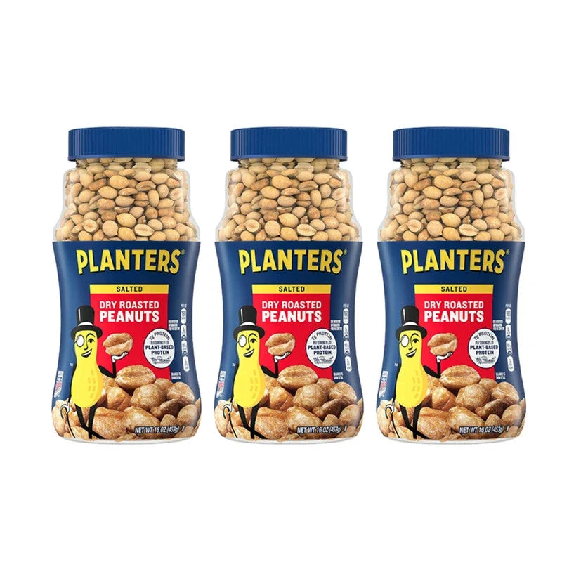 Planters dry roasted salted peanuts in 453g packages, shown in three snack packs, perfect for dry grocery and snack lovers.