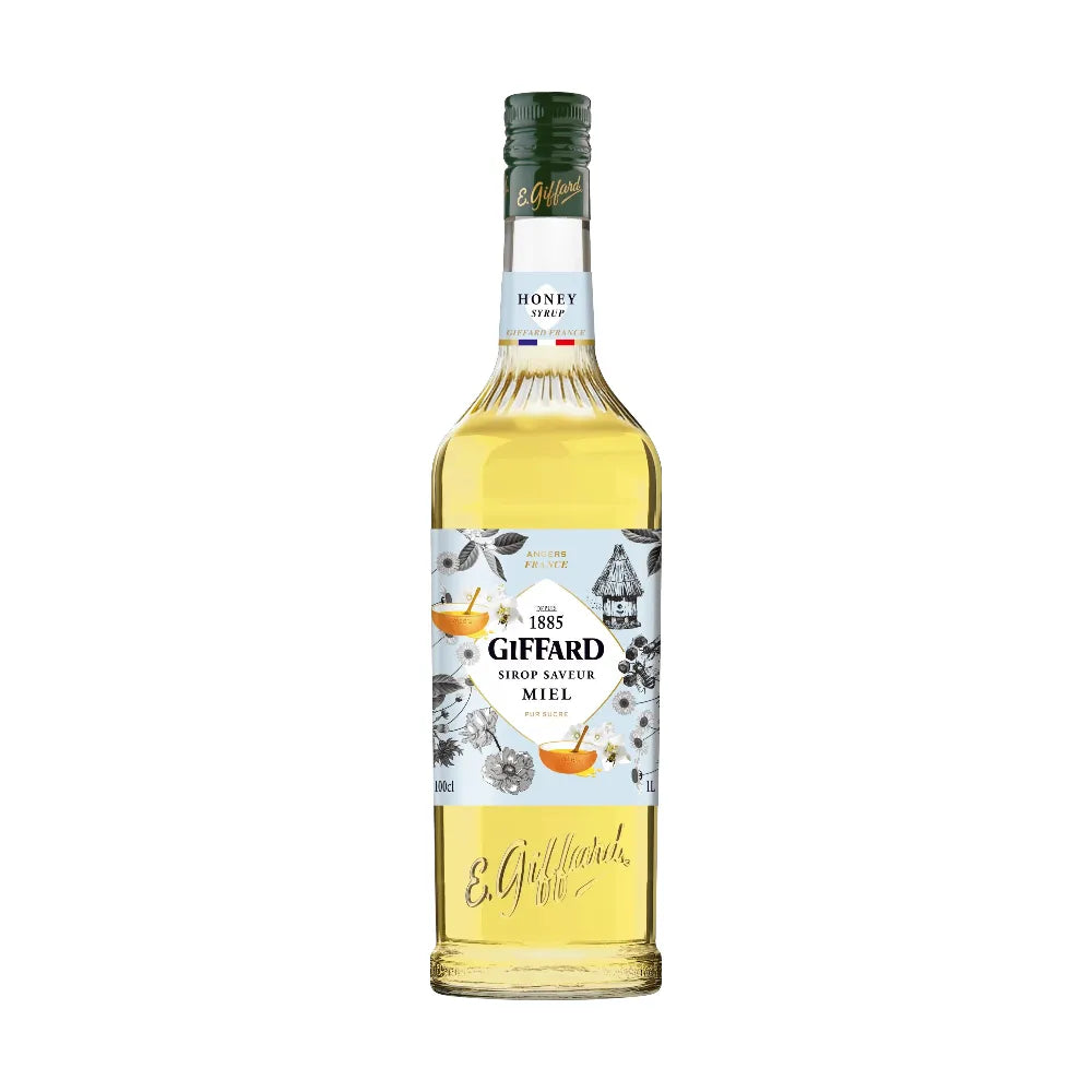 Giffard Mixology Honey 1L bottle, natural golden honey for cocktails and culinary use, in a clear plastic bottle.