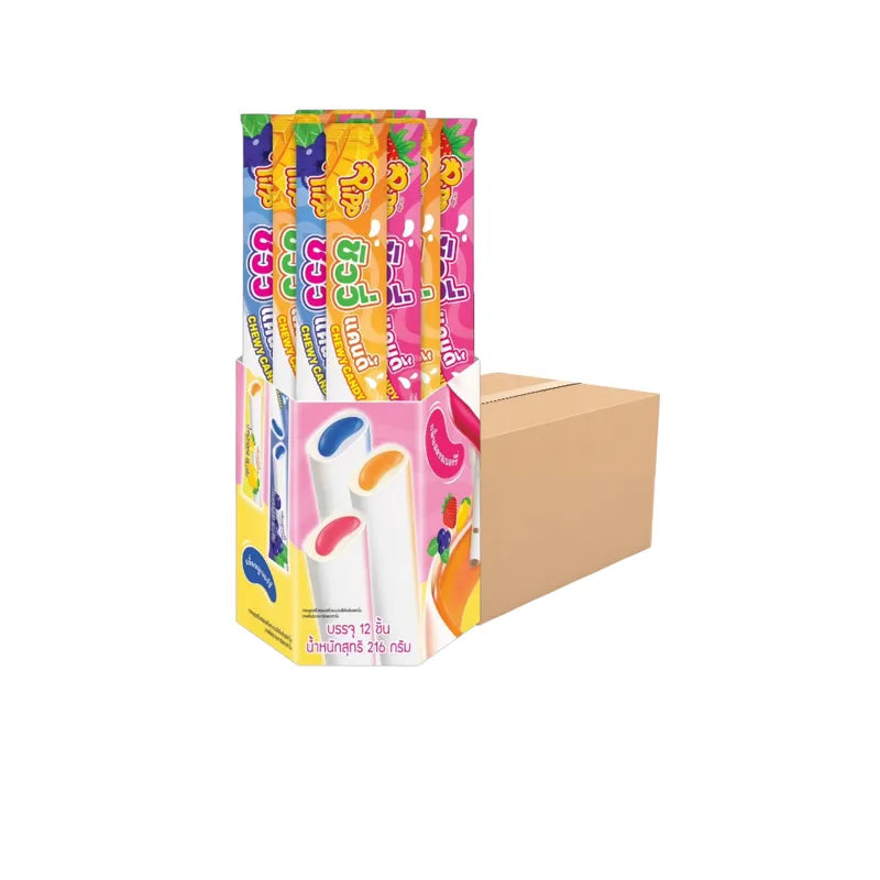 Pipp Pipp Chewy Candy in mango, strawberry, and blueberry flavors, featuring colorful individually wrapped candies in a clear container.