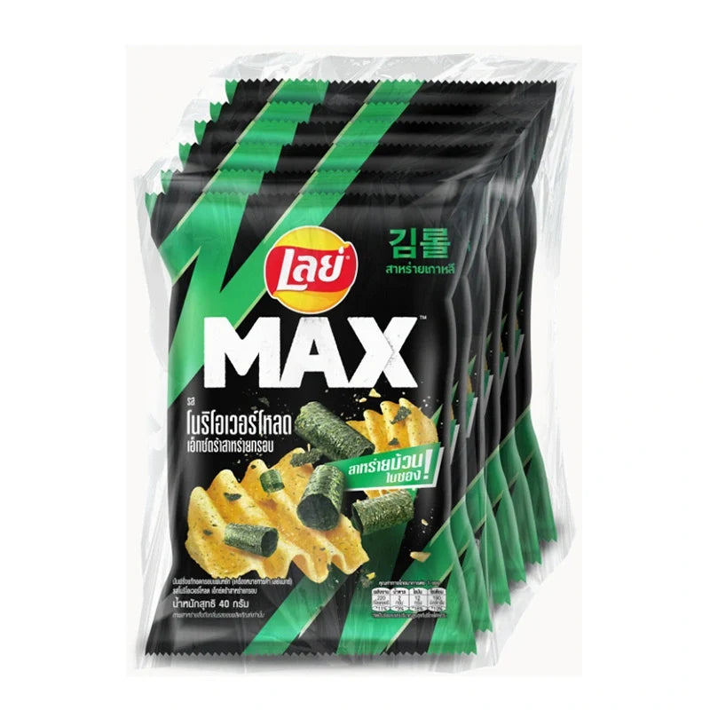 Lays Max Nori Crunchy Potato Chips 40g pack, crispy seaweed-flavored snack in a multi-pack of six, ideal for dry grocery.