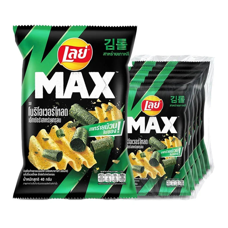 Lay's Max Nori Crunchy Potato Chips in 40g pack, crispy, seaweed-flavored snack from the dry grocery snacks and confectionery category.