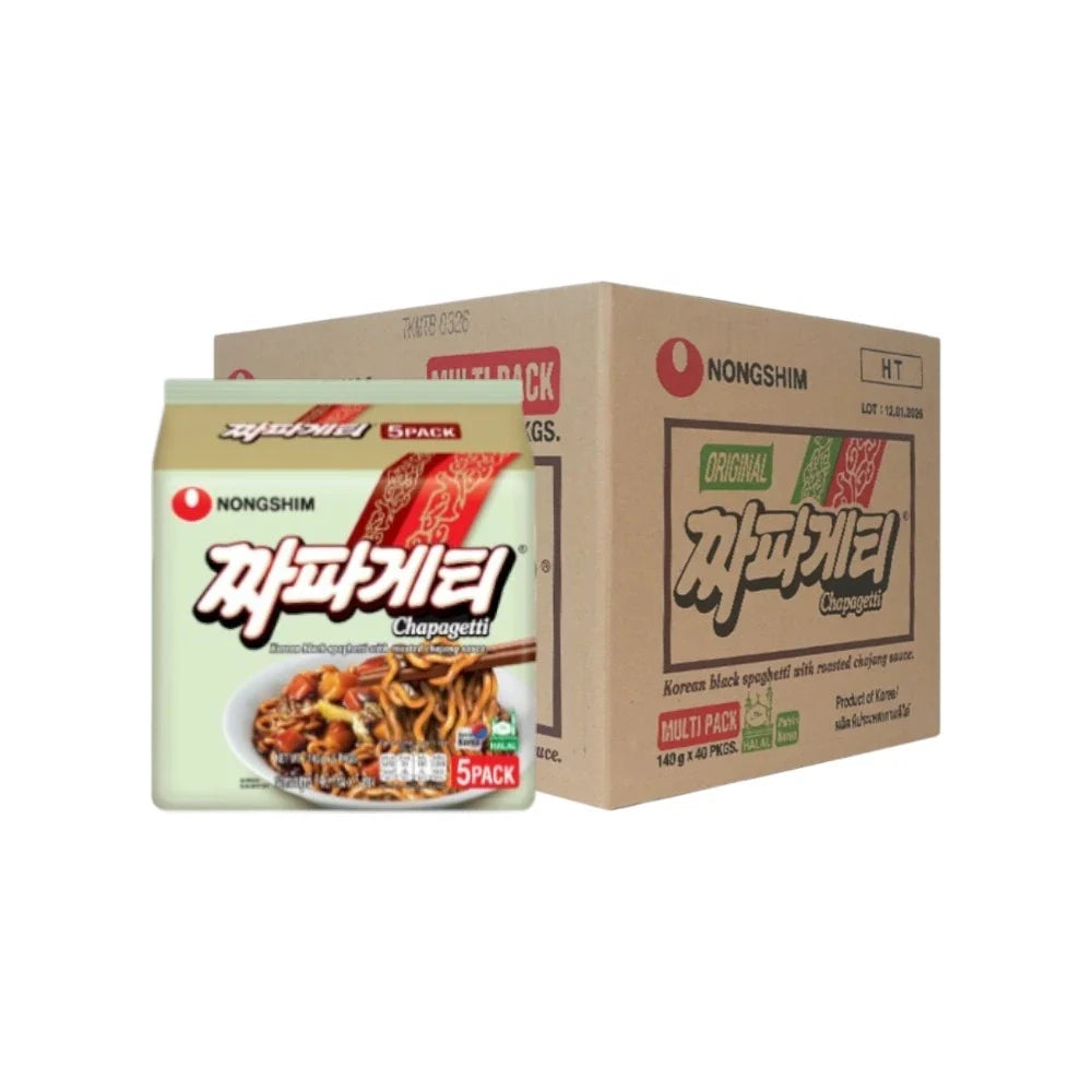 Nongshim Chapagetti Tea Instant Noodles spaghetti in a dry grocery package, showcasing the noodle block and flavoring packet.