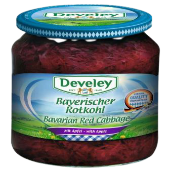 Develey Red Cabbage with Apple jar featuring vibrant red cabbage and apple slices in a grocery product image.