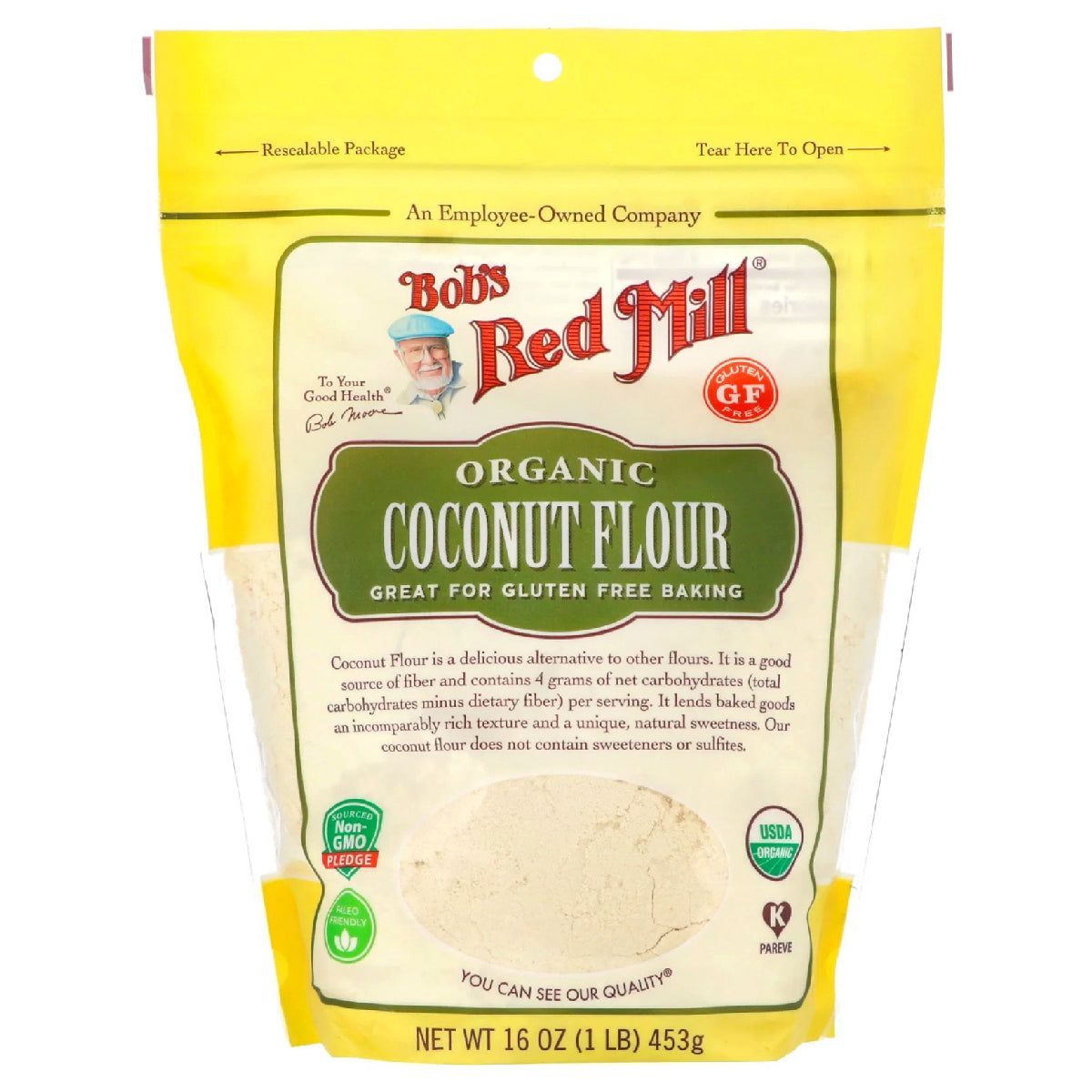 Organic coconut flour from Bob's Red Mill, fine white gluten-free baking flour in a clear bag.