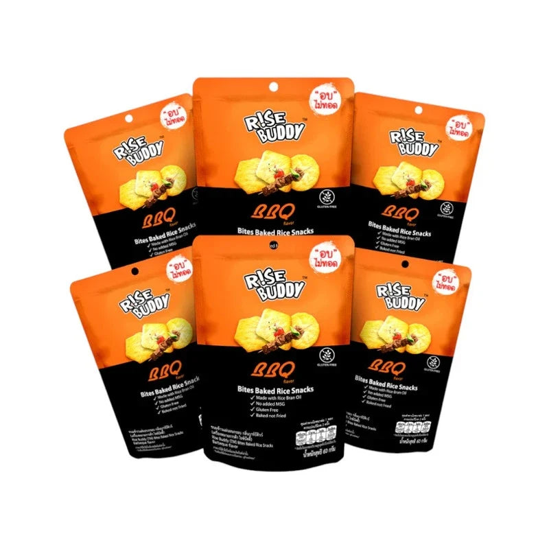 Rise Buddy Crispy Rice Snacks in a clear bowl, showing golden rice puff treats from the RISE BUDDY snack brand.