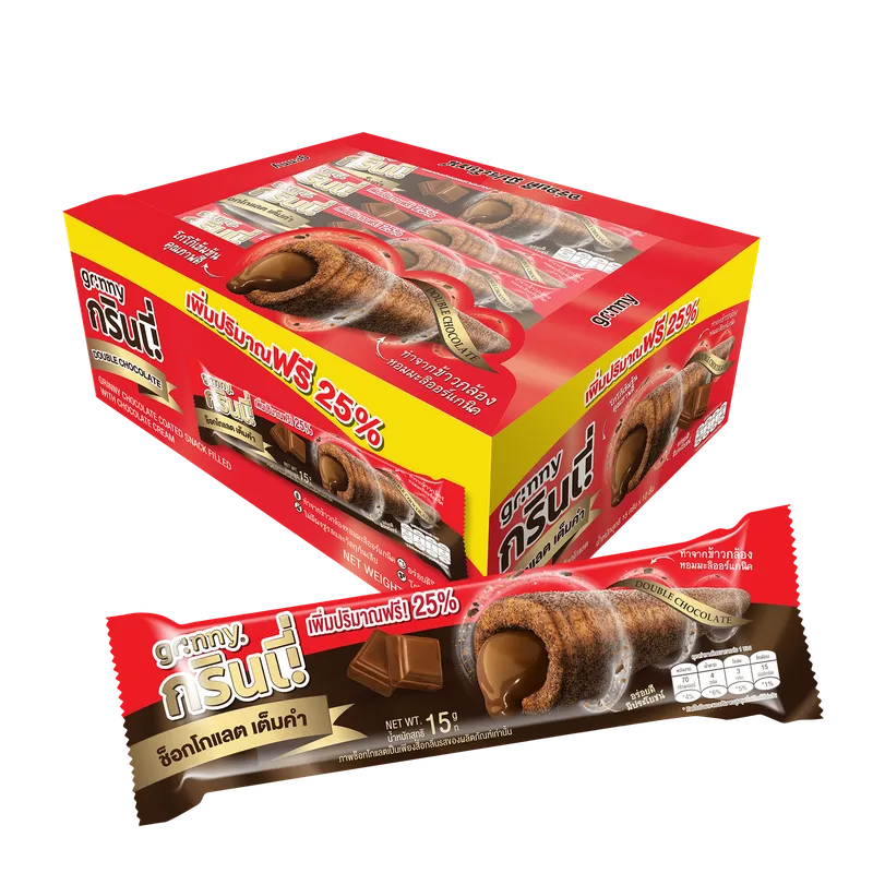 Grinny chocolate-coated snack filled with cream, 15g, displayed in a pack of 12, ideal for sweet snack lovers.