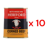 Hereford gluten-free corned beef cans, 340g each, displayed in a pack of ten, ideal for dry grocery shopping.