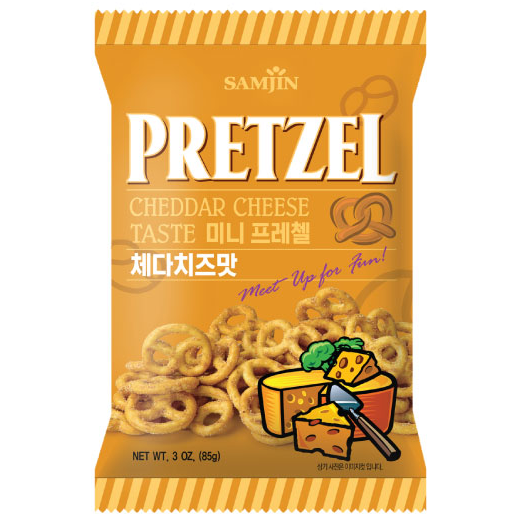 Samjin Cheddar Pretzel Snack with crispy pretzels coated in cheddar cheese, showcasing a savory confectionery treat.