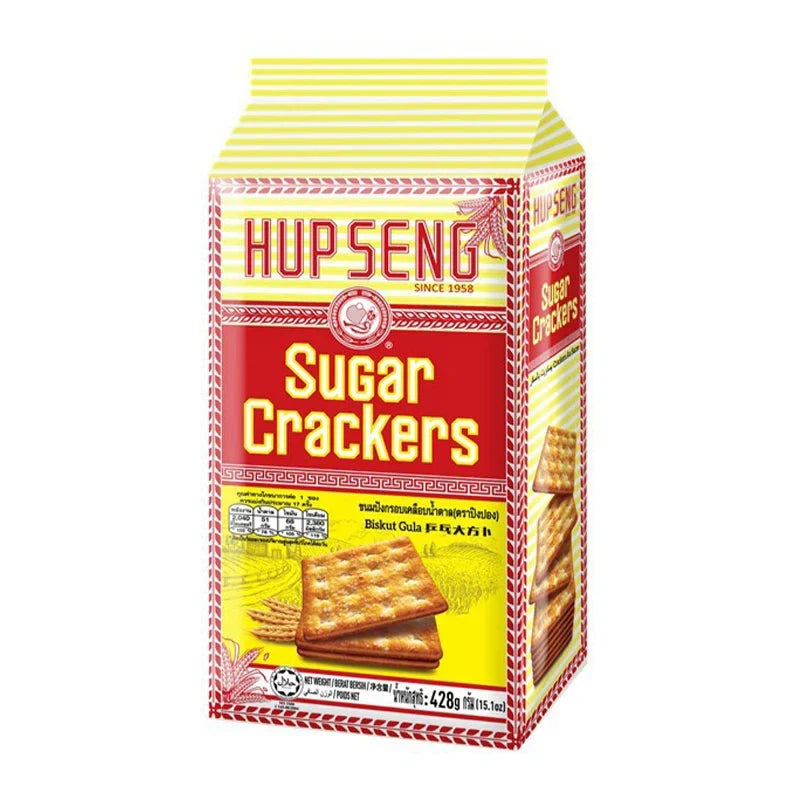 HUP Seng Sugar Cracker 428g box of crunchy, sweet snack biscuits from the dry grocery and confectionery category.